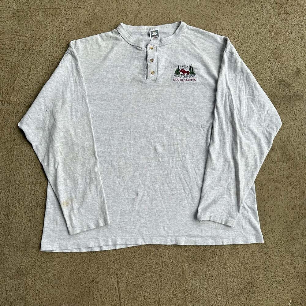 Vintage Cotton Deluxe South Dakota 
 Embroidered Long Sleeve Henley Shirt